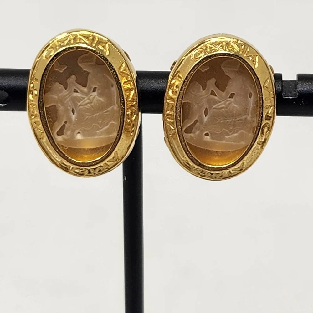 Prevost Roman Art Gold Tone Oval Clip On Earrings Latin Love Conquers All - Picture 1 of 6